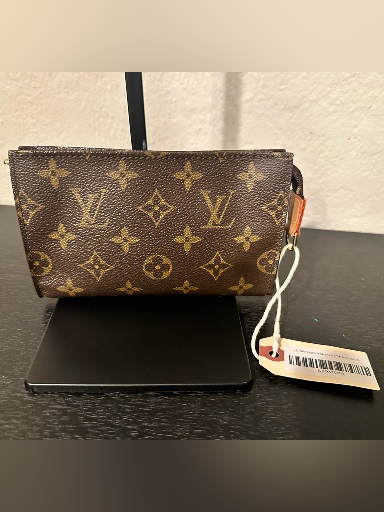 Authentic Small Vintage Louis Vuitton Monogram Zip Pouch In Brown With Tan Trim